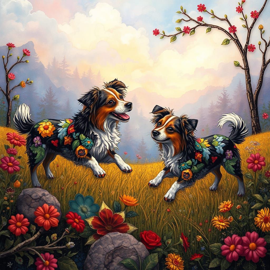 Whimsical Dogs in a Quilted Fantasy Landscape