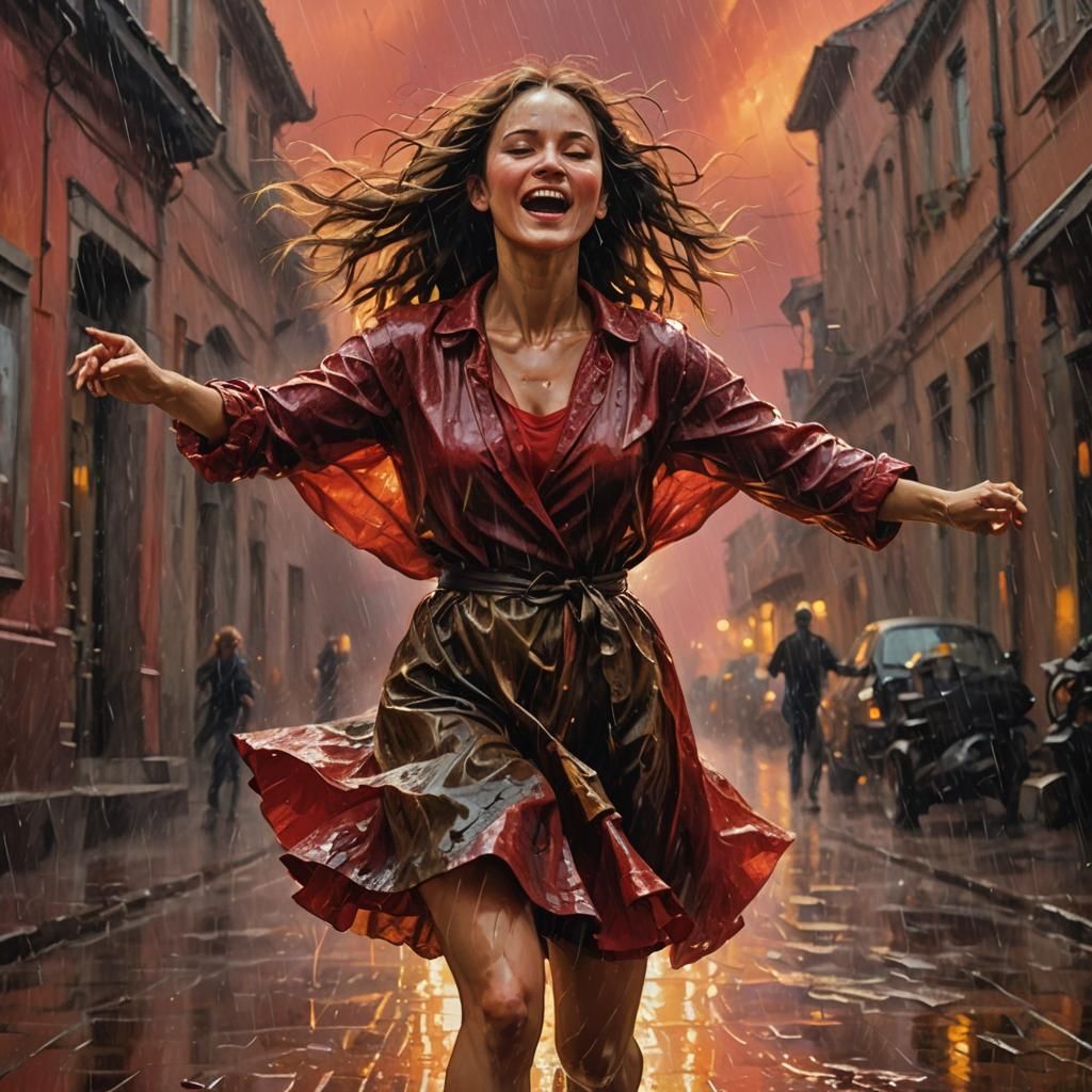 Woman Dancing in Red Rain with Golden Lightning