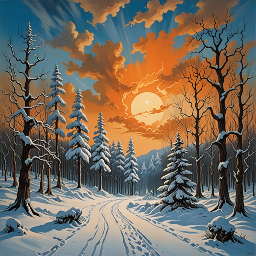 Winter Baroque Forest Gate at Sunset