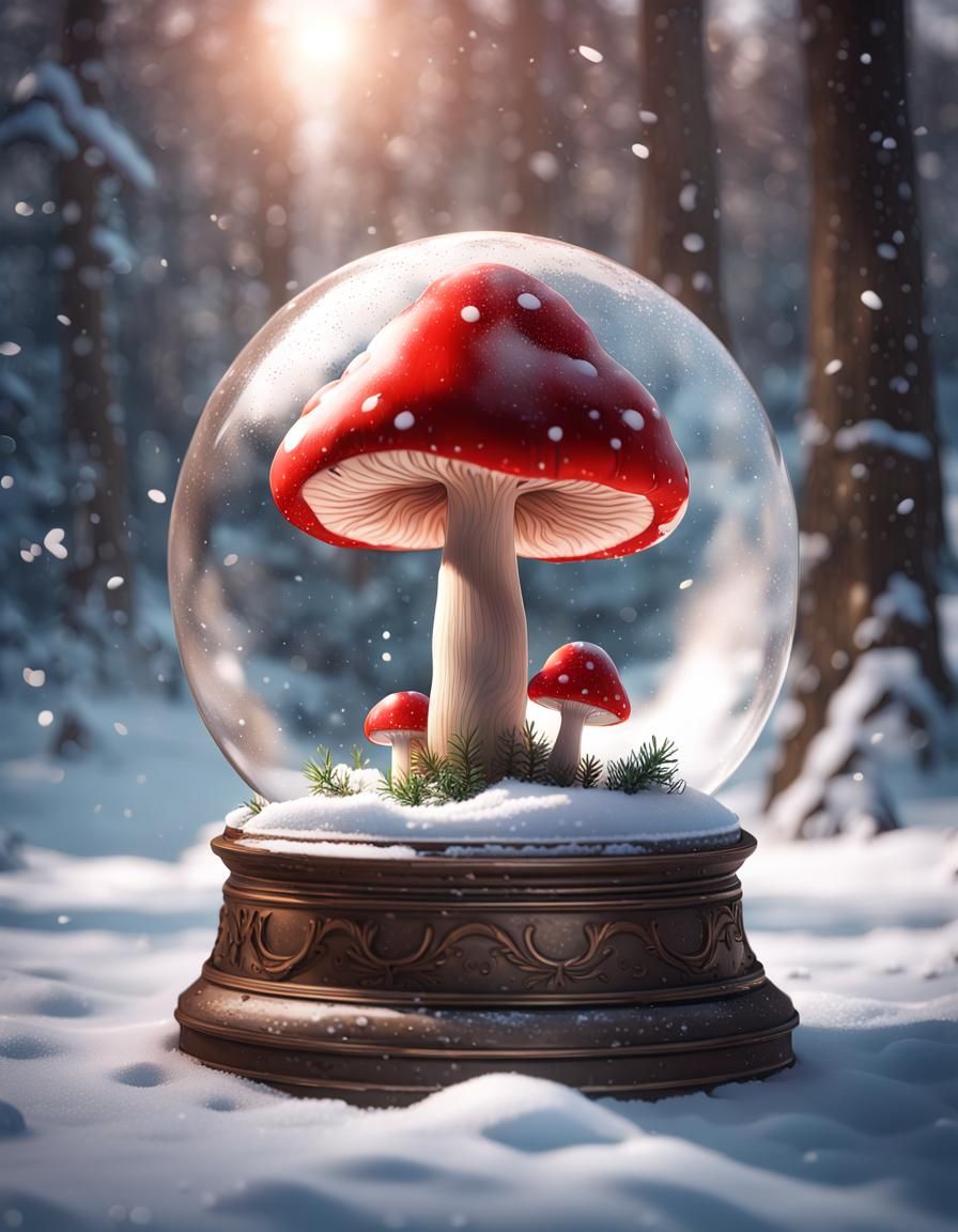 Mushroom Snow Globe: Hyperdetailed Winter Scene
