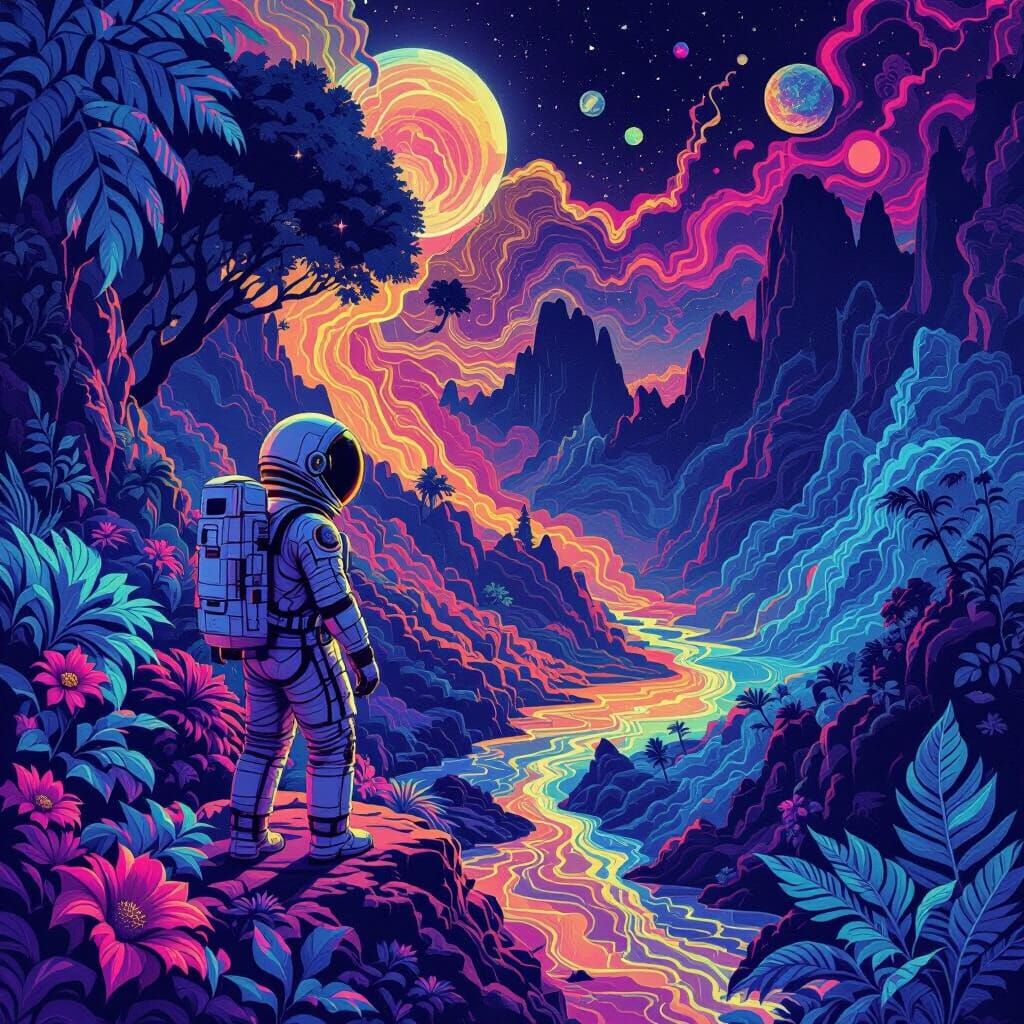 Astronaut Finds Glowing Alien Jungle Under Binary Sunset