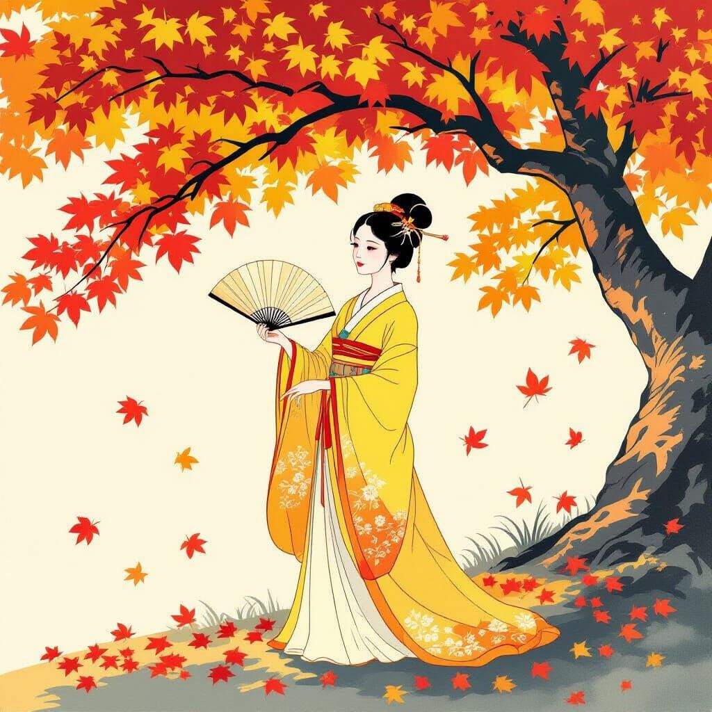 Chinese Girl in Autumn Tree with Fan, Ukiyo-e Style