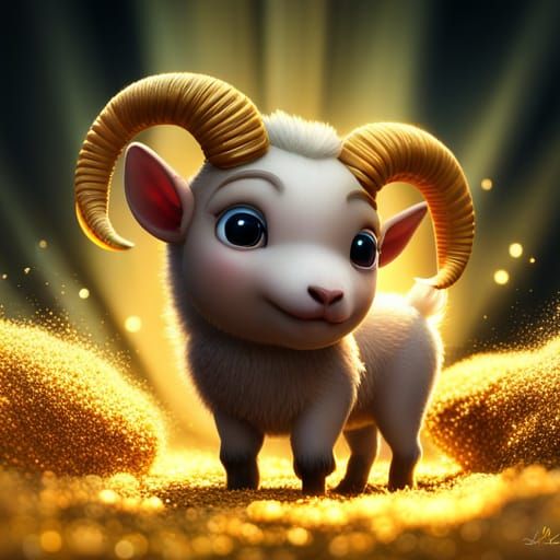 Pixar Style Adorable Baby Ram with Gold Sparkles