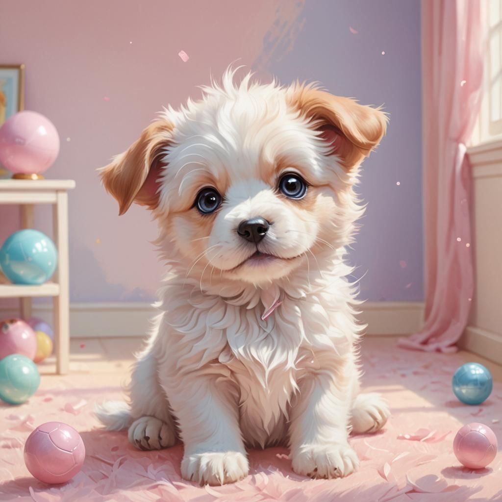 Kawaii Puppy Portrait in Pastel Room, Digital Art