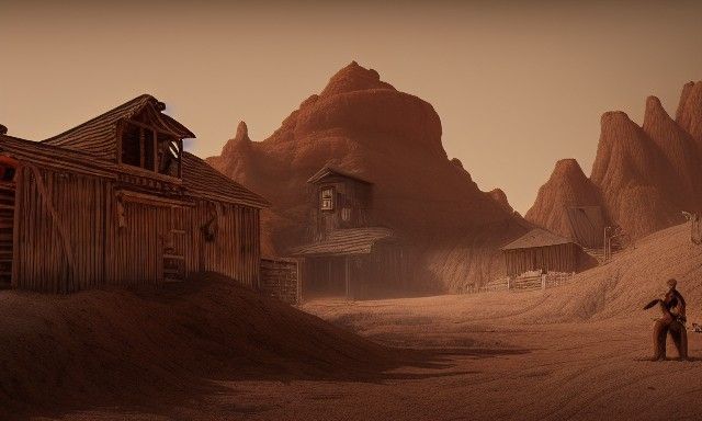 Cowboy in Desert Ghost Town: Digital Matte Painting
