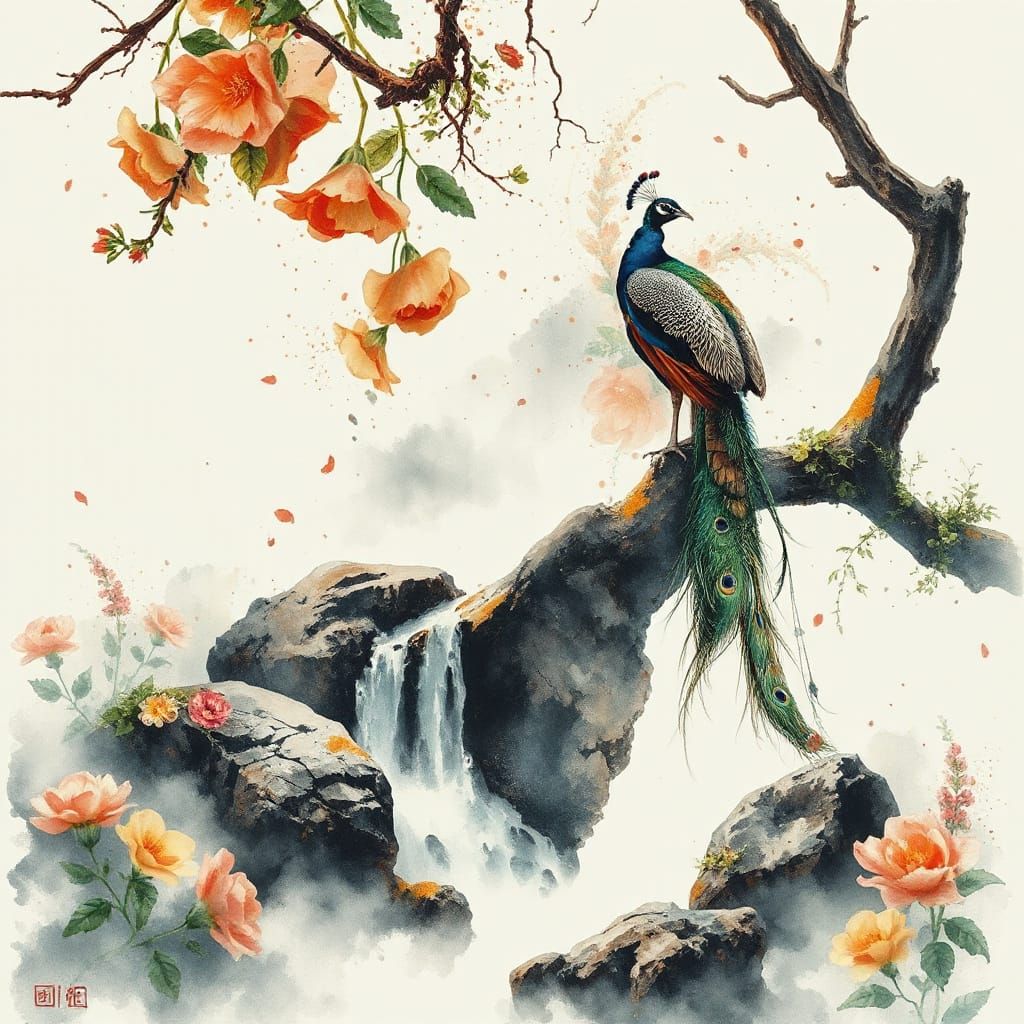 Surreal Watercolor Enchanted Forest Scene with Majestic Peac...