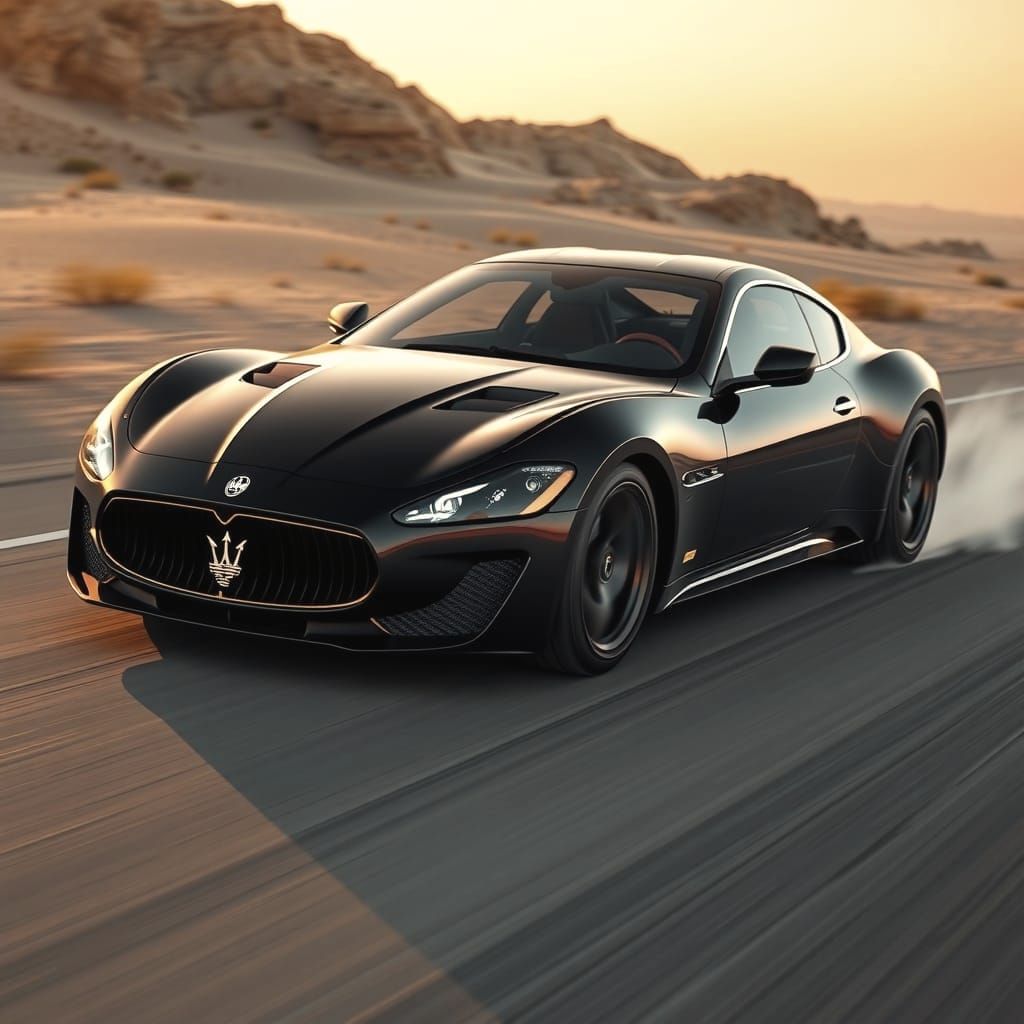 Black Maserati Races Through Desert at Night