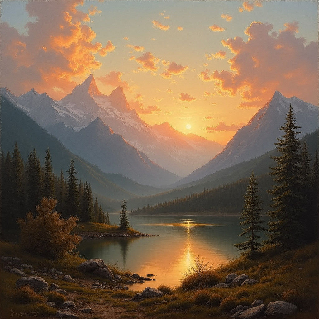 Sunset Landscape Painting in Classical Style