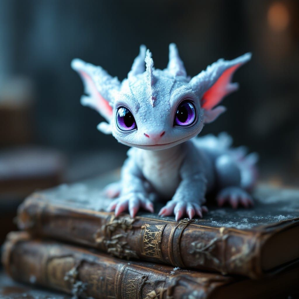 Baby Frost Dragon on Ancient Books, Cinematic Film Style