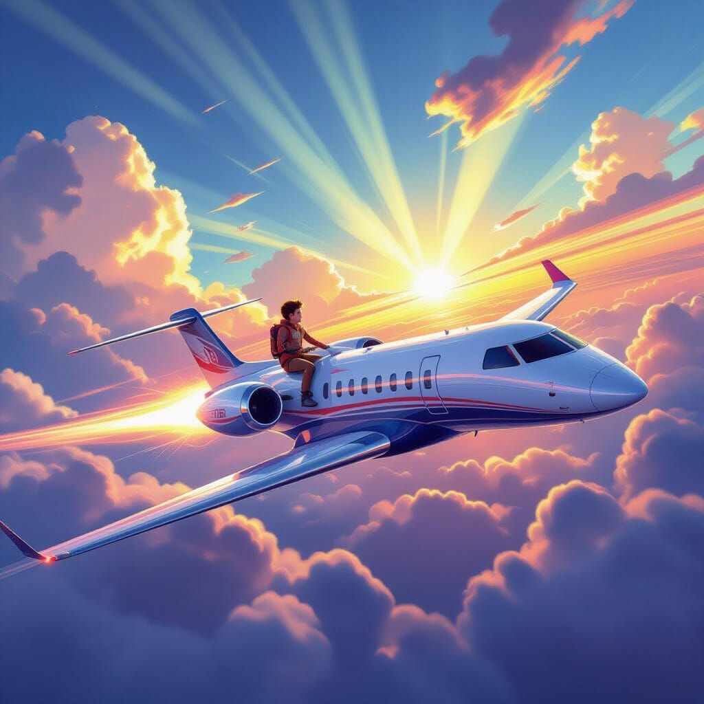 Boy and AI Pilot Futuristic Jet into Vibrant Sky