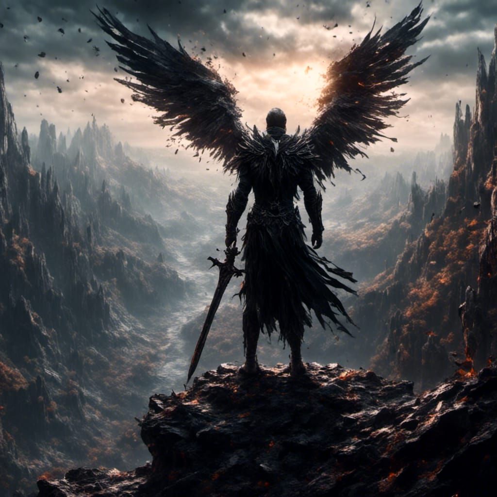 Fallen Angel in Black Armor, Dark Fantasy Art