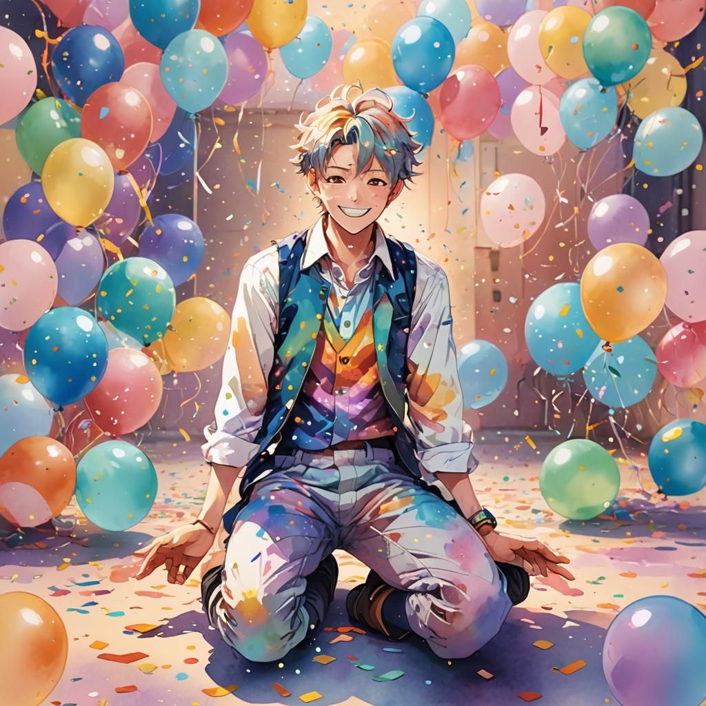 Anime-Style Man Crawling with Balloons and Confetti