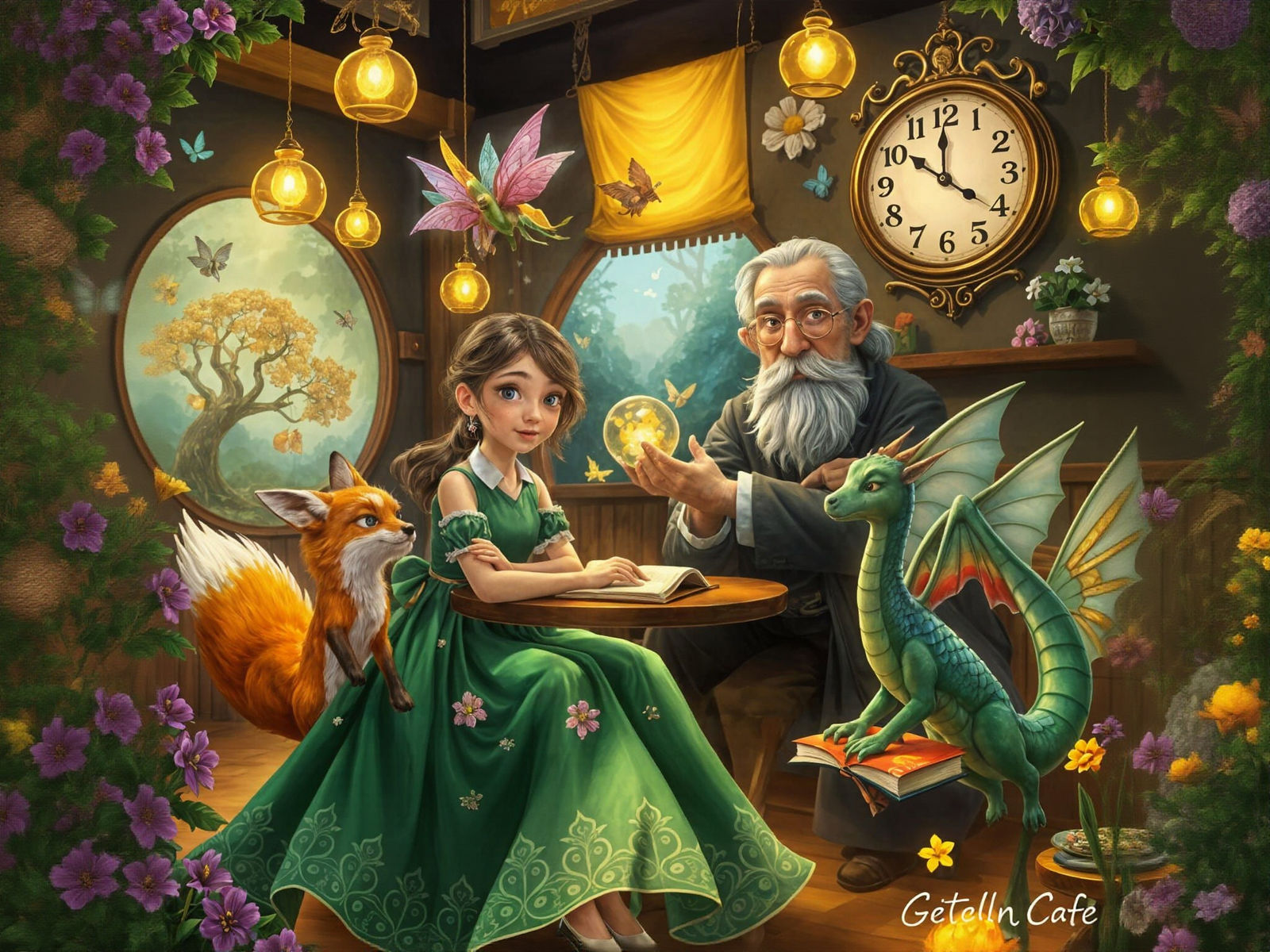 Enchanted Cafe Scene With Girl and Magical Creatures