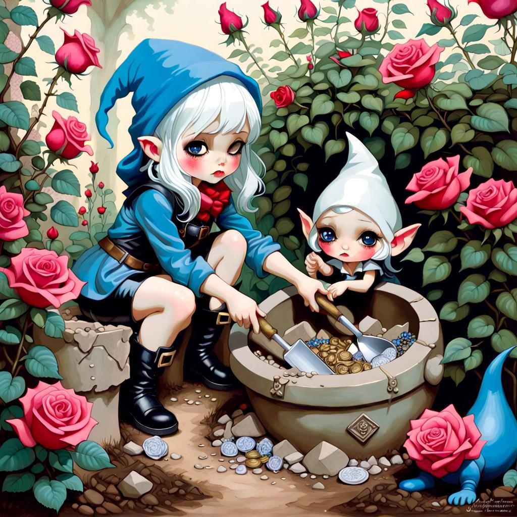 Garden Gnome Digging Treasure, Surrealist Fantasy Art