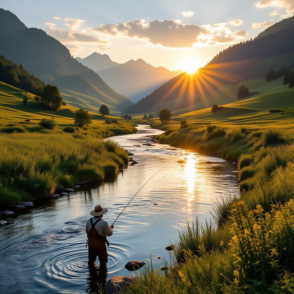 Idyllic River Valley Landscape at Sunset