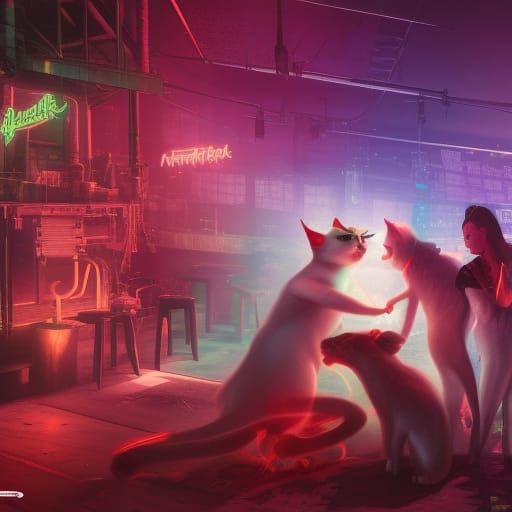 White Cat Dances in Cyberpunk Club, Detailed Art