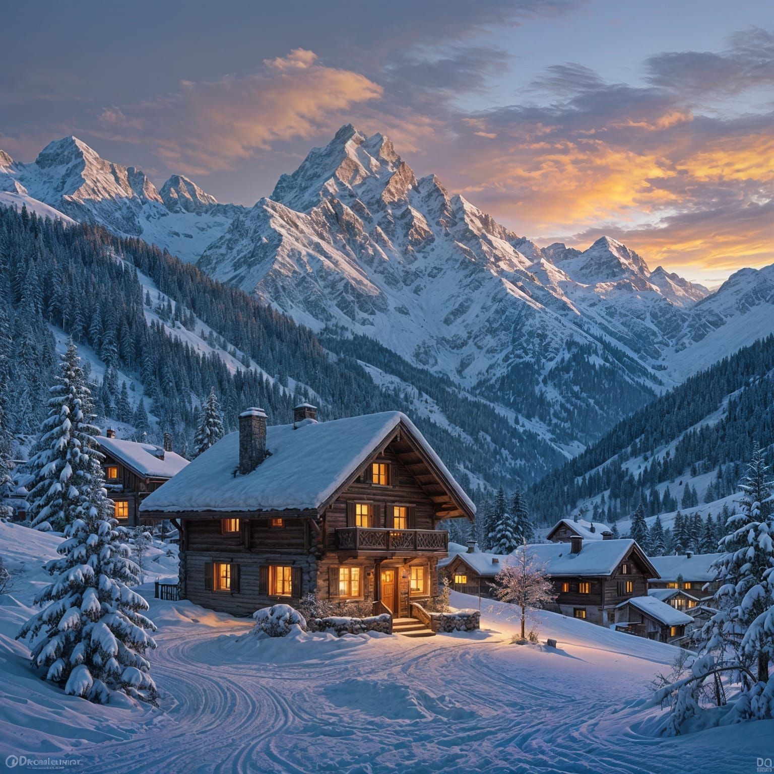 Cozy Swiss Alpine Village Home in Winter Sunset