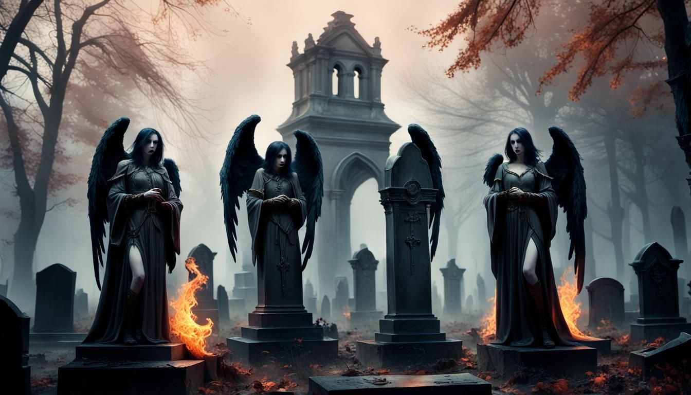 Gothic Angels with Flaming Swords in Cemetery