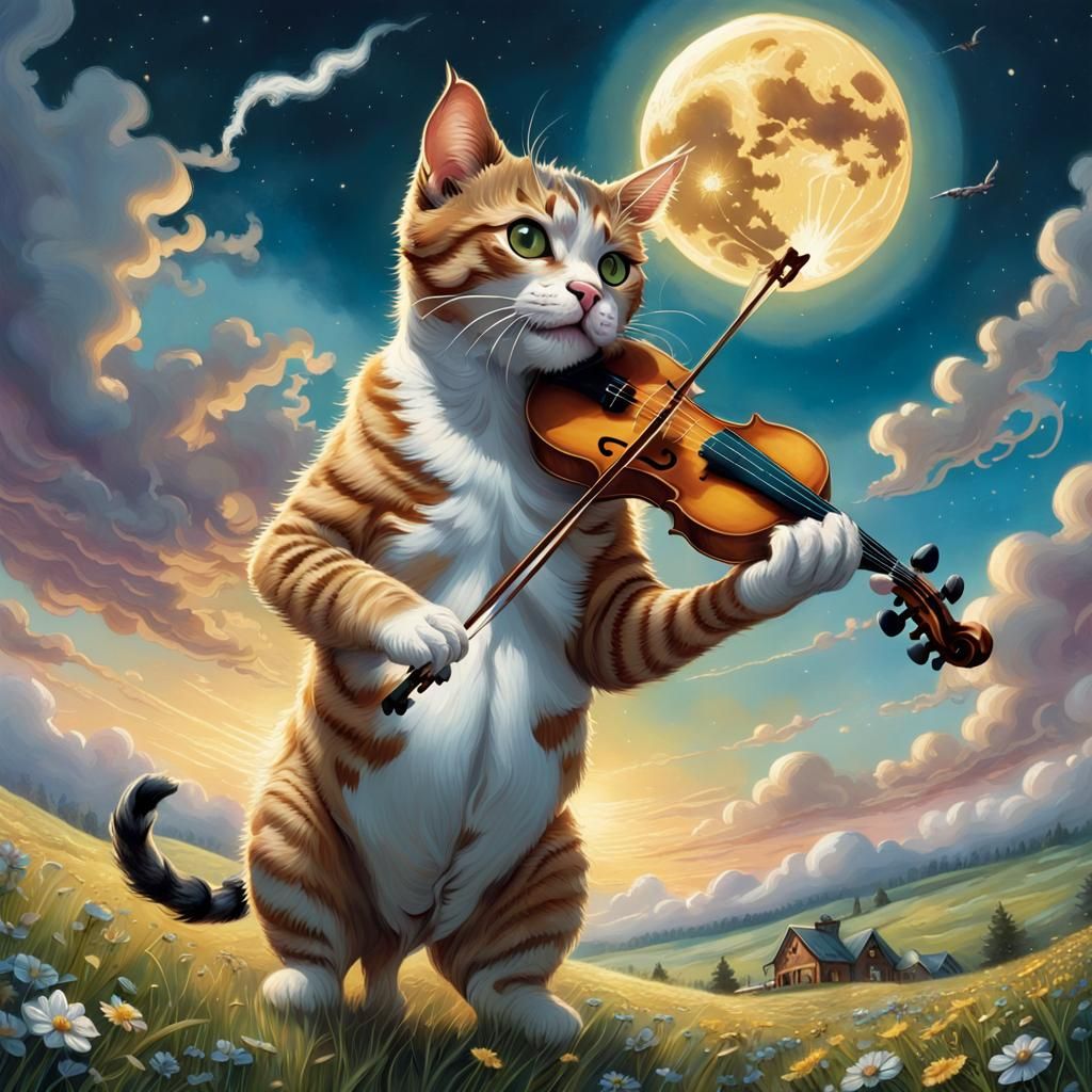 Tabby Cat Plays Violin in Comic Book Art
