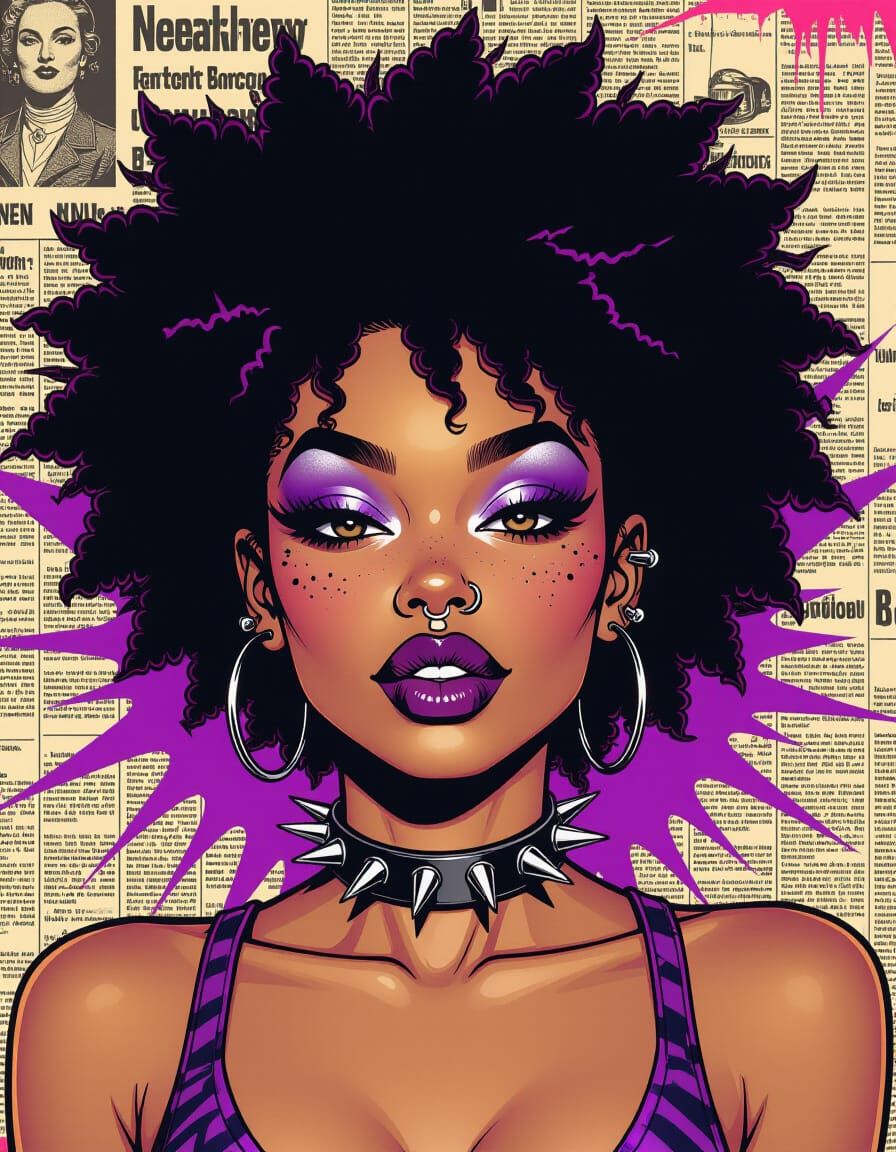 Punk Girl with Purple Afro in Pin-Up Style