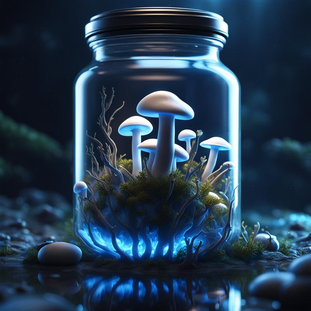 Bioluminescent Mushroom in Jar: Detailed Fantasy Art