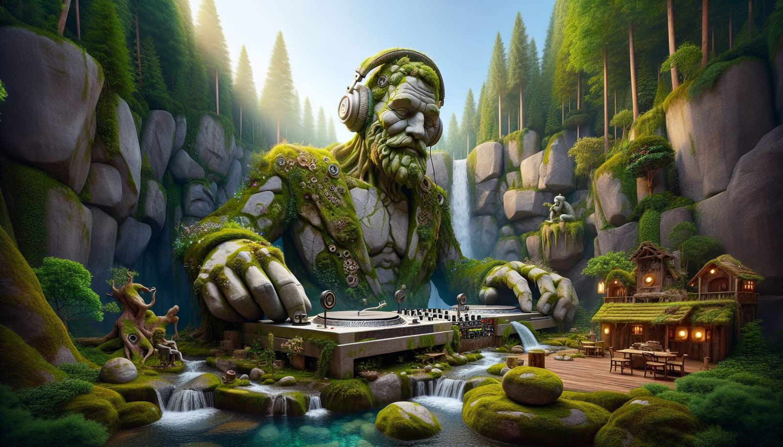 Stone Giant DJ in Forest with Petrified Turntables