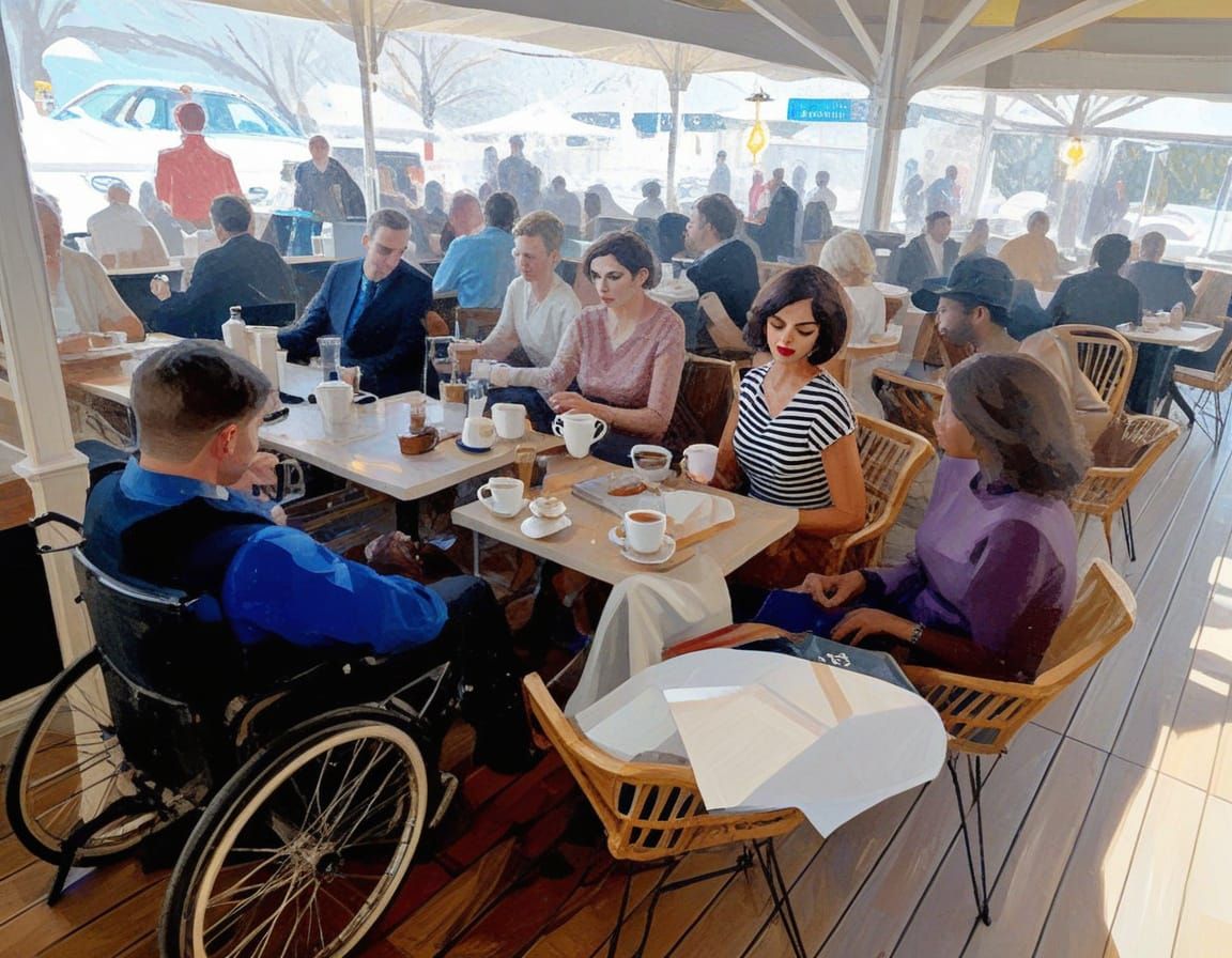 people drinking coffee, a disabled man cubist painting, Neo-Cubism, layered overlapping geometry, art deco painting, Dri...