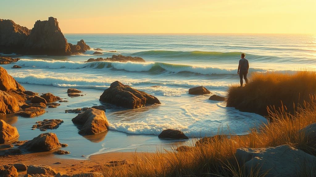 Serene Seaside Landscape with Golden Light and Lone Figure