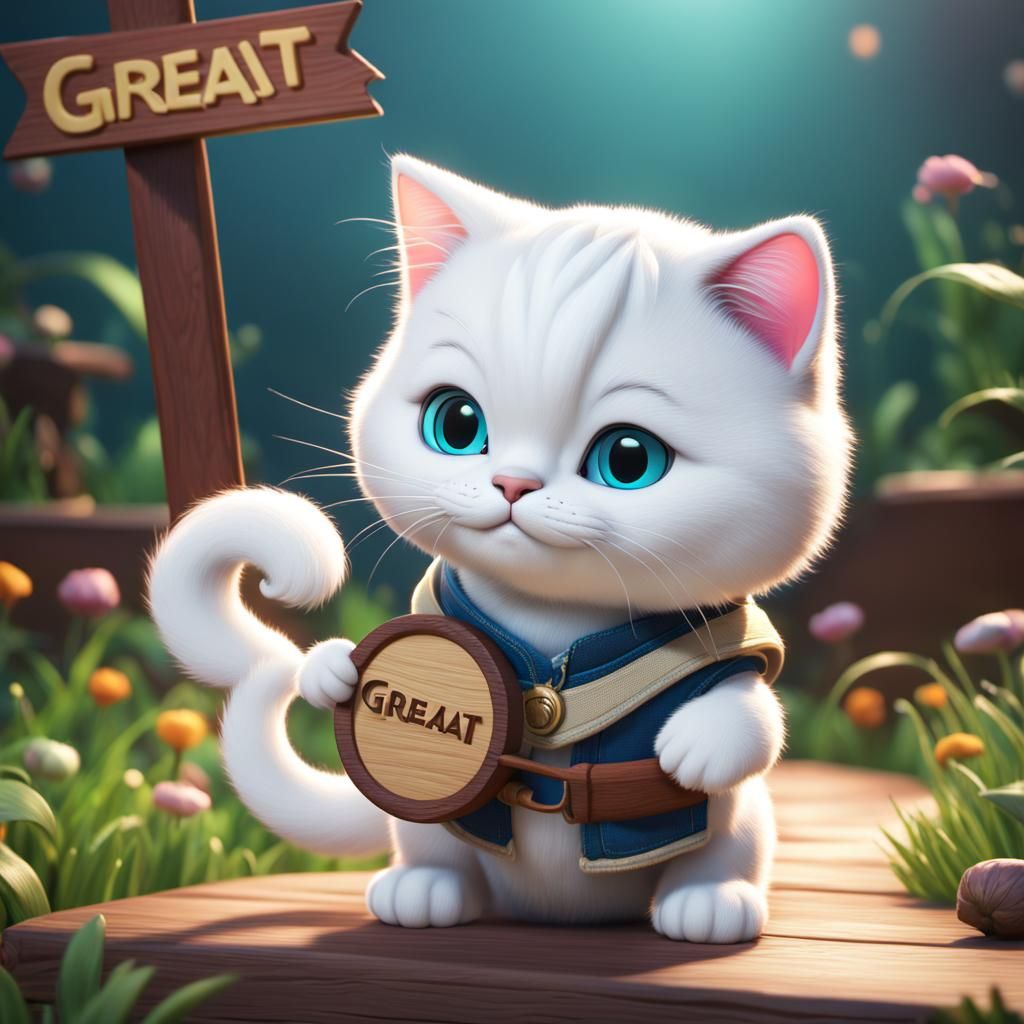 Cute Cat Holding Sign: 3D Digital Art