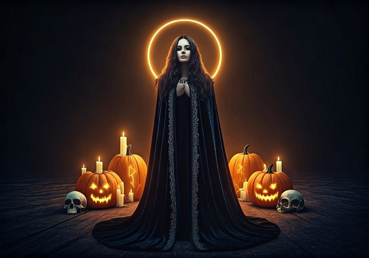 Mystical Woman Surrounded by Halloween Relics
