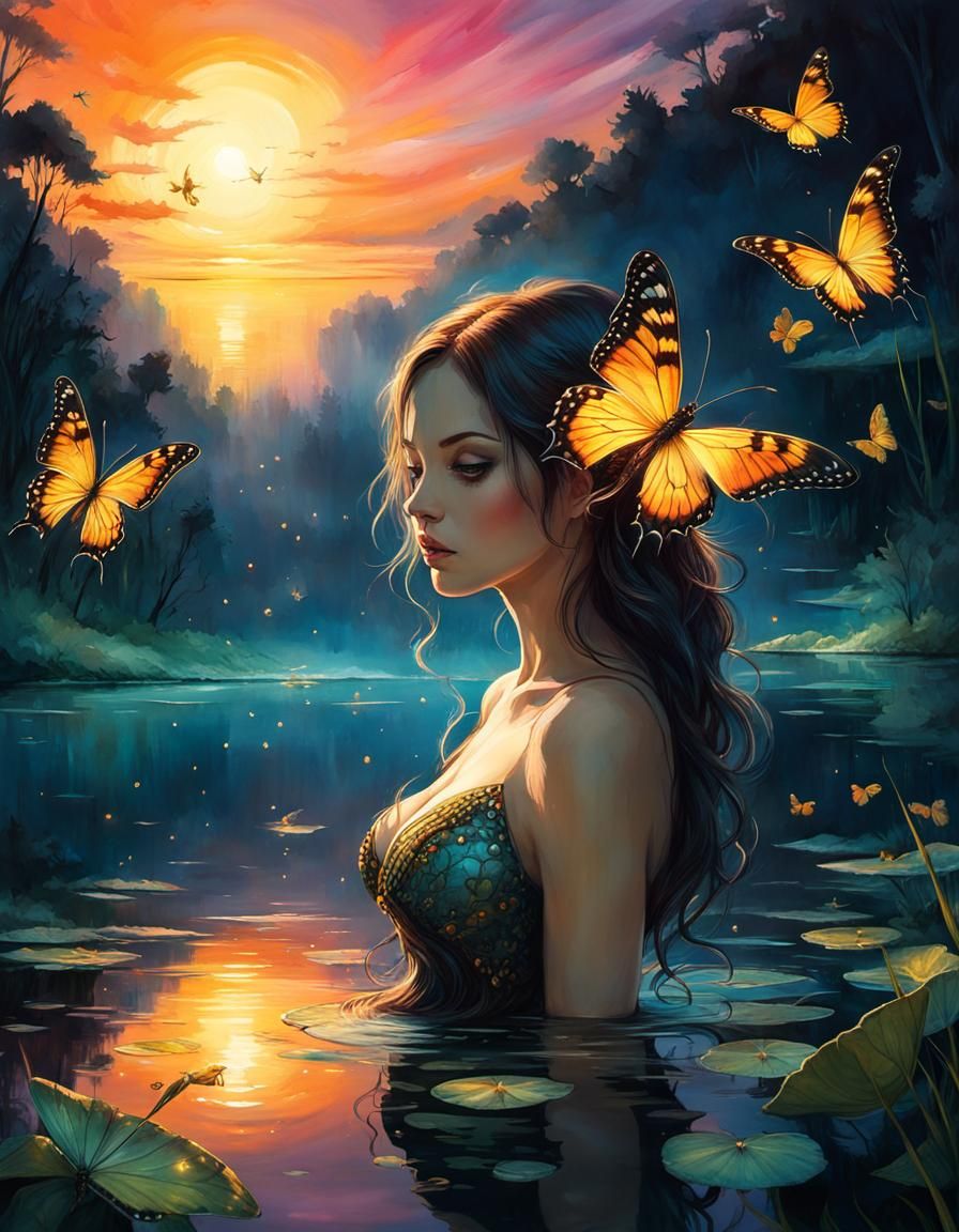 Bathing with butterflies at sunset