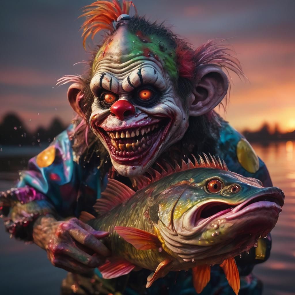 Zombie Monkey Clown Fisherman with Catfish: Digital Art