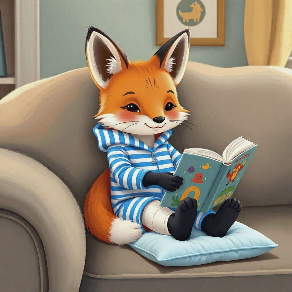 Cute Anthropomorphic Fox Reading with Broken Leg