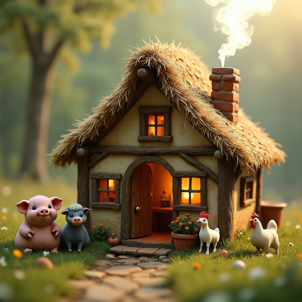 Rustic Cottage with Farm Animals, Impressionistic Style