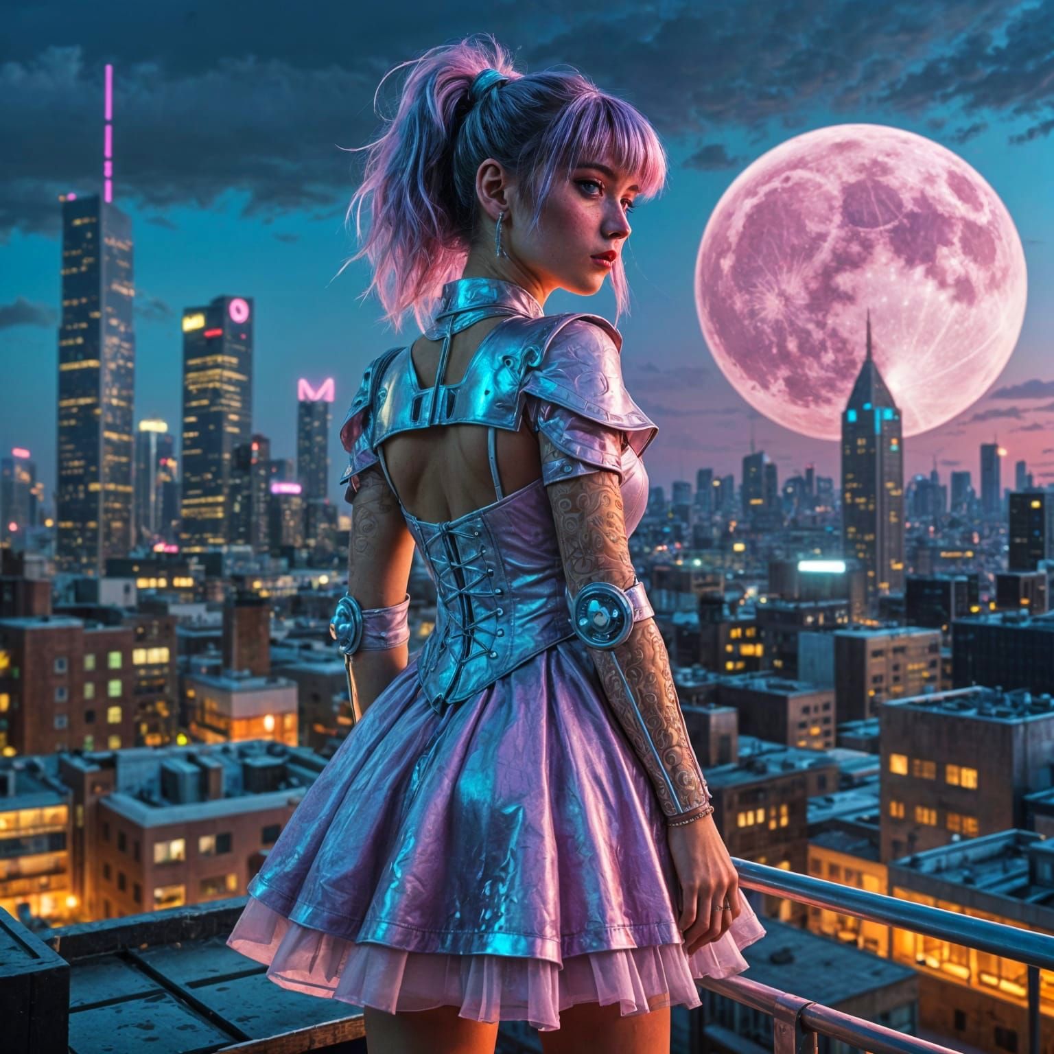 Cyberpunk Princess on Rooftop Under Giant Moon