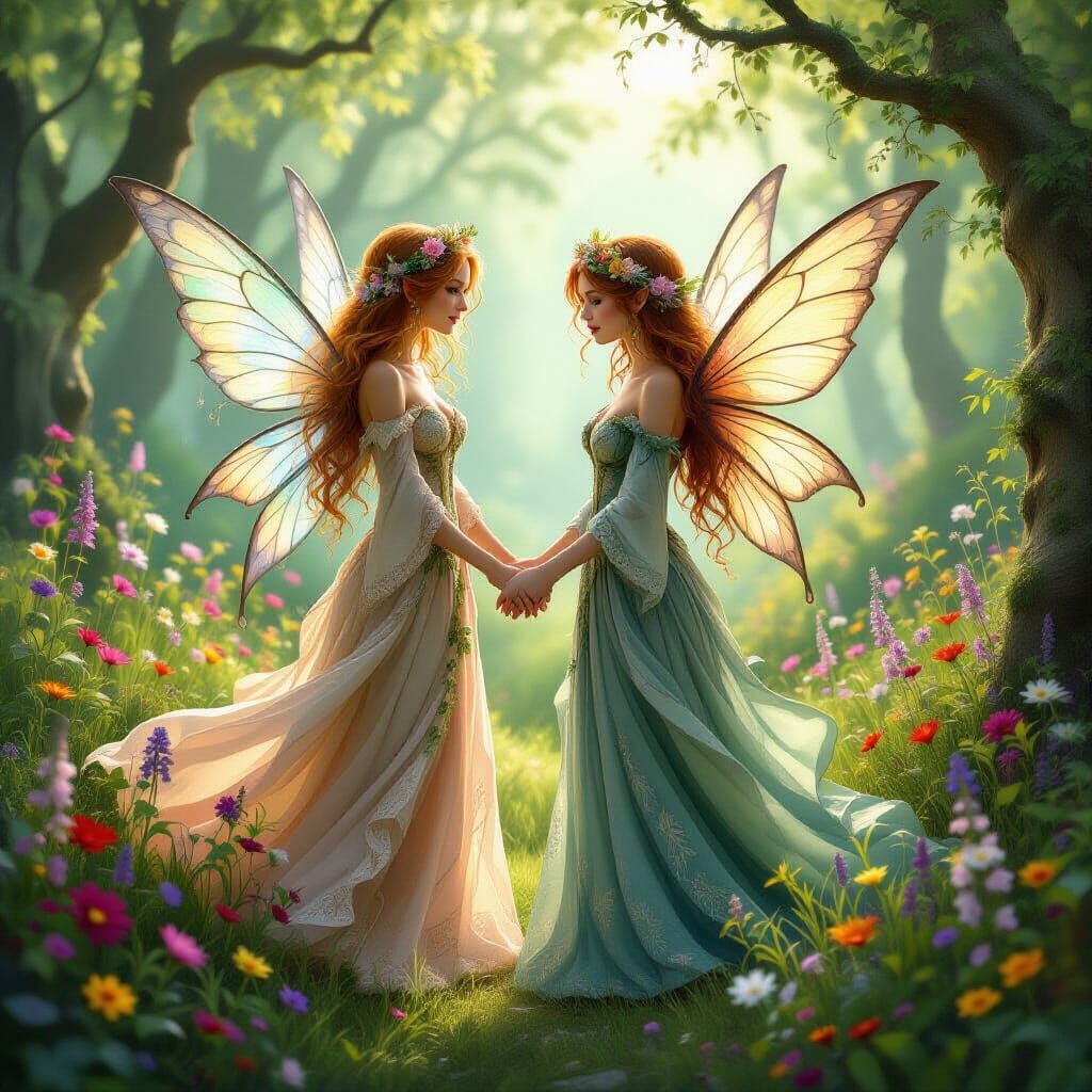 Lesbian Fairies in Enchanted Forest, Fantasy Art