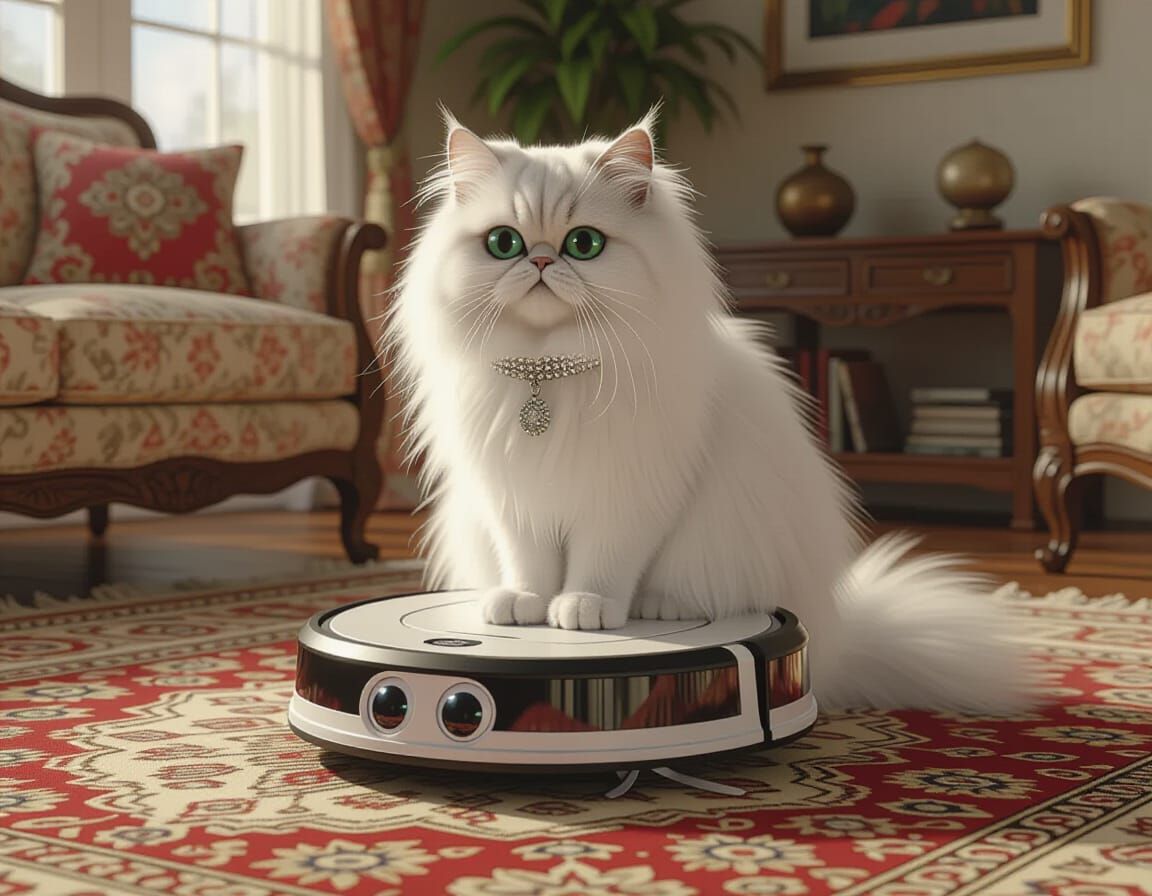 Regal Persian Cat Rides Roomba on Oriental Rug
