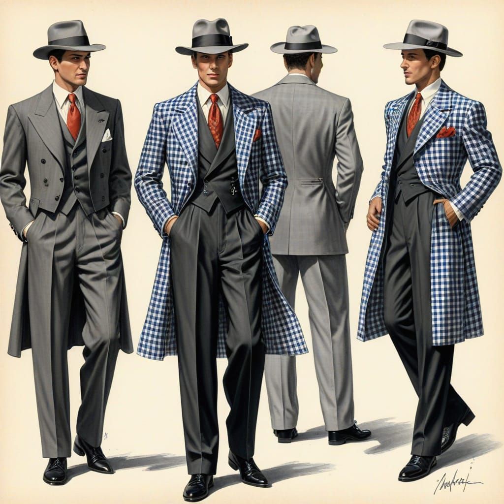 Vintage-Inspired Gingham Zoot Suit Fashion Illustration