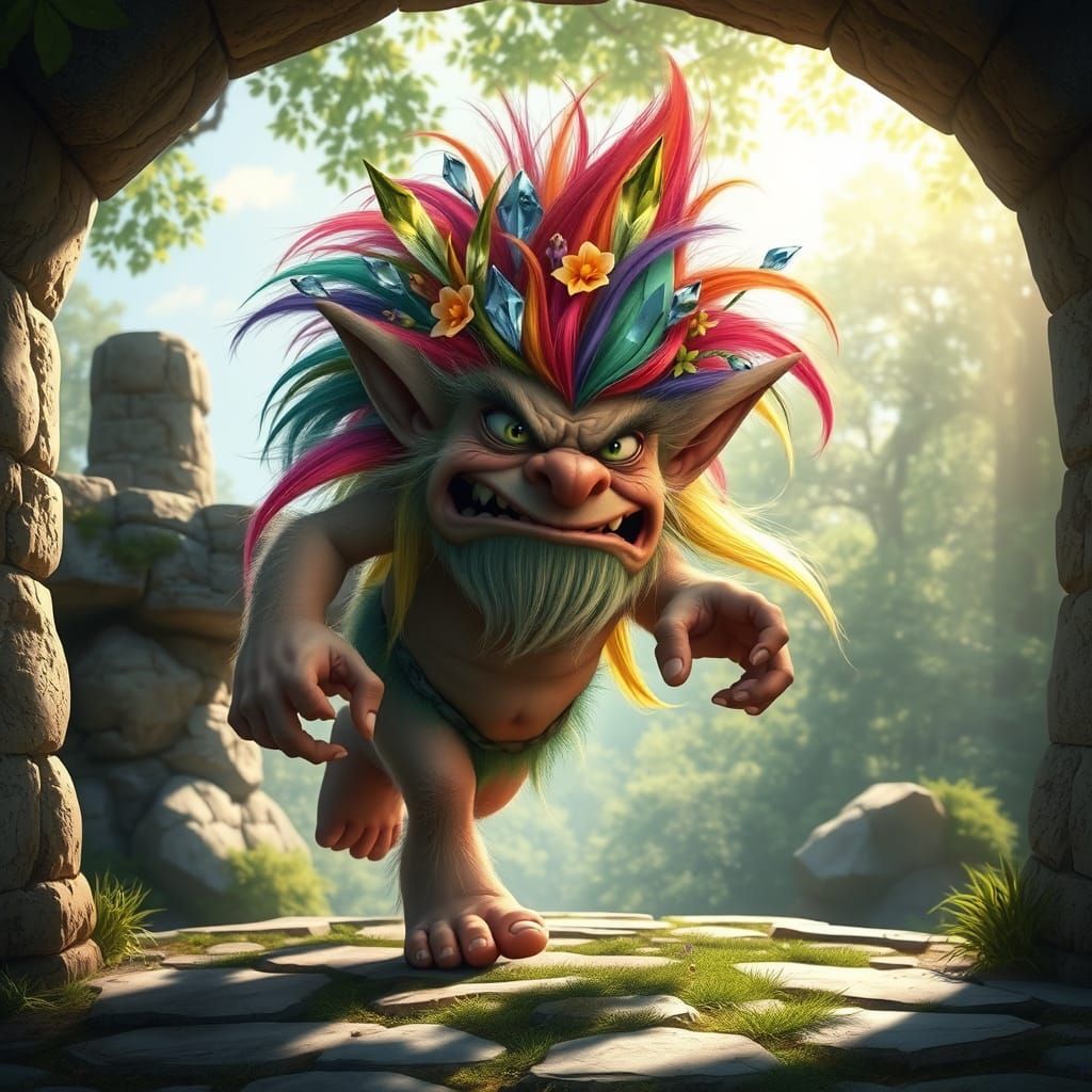 Rainbow Troll Dancing Under a Stone Bridge