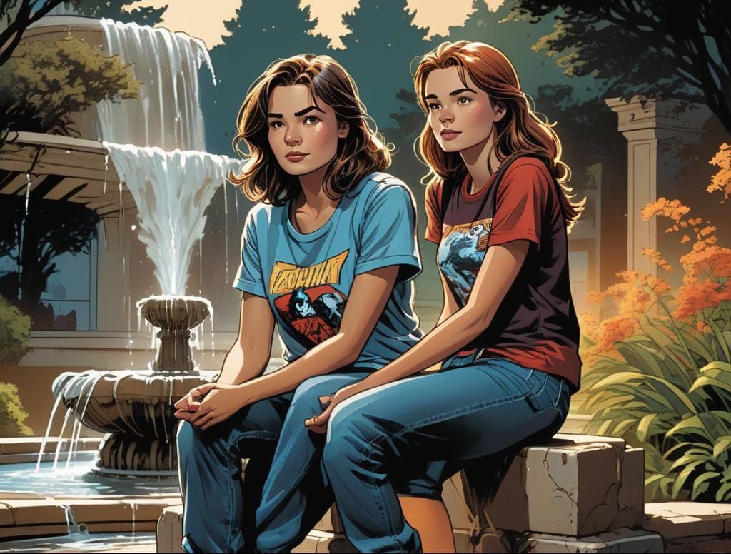 Woman by Fountain in Comic Book Art Style