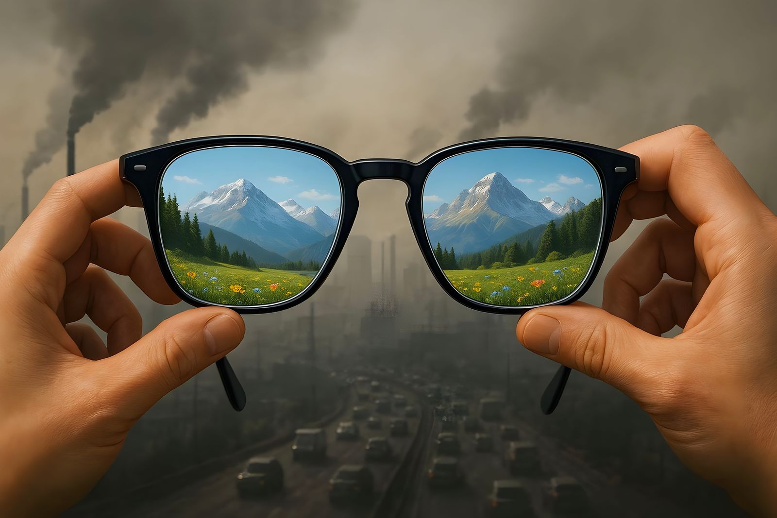Contrasting Worlds Reflected in Eyeglasses