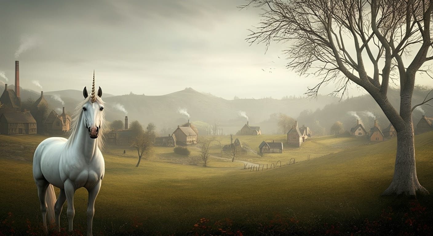 Serene Countryside Scene with Majestic Unicorn