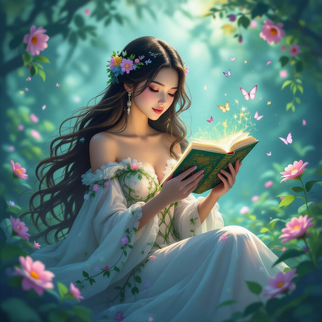 Celestial Reader in Enchanted Library, Ethereal Art