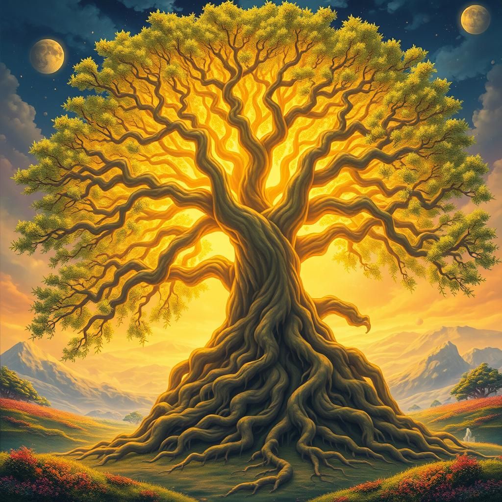 Glowing Tree of Life in Dreamlike Ethereal Landscape