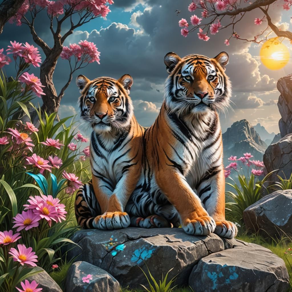 Tiger sitting on a rock with sun peaking through the clouds....