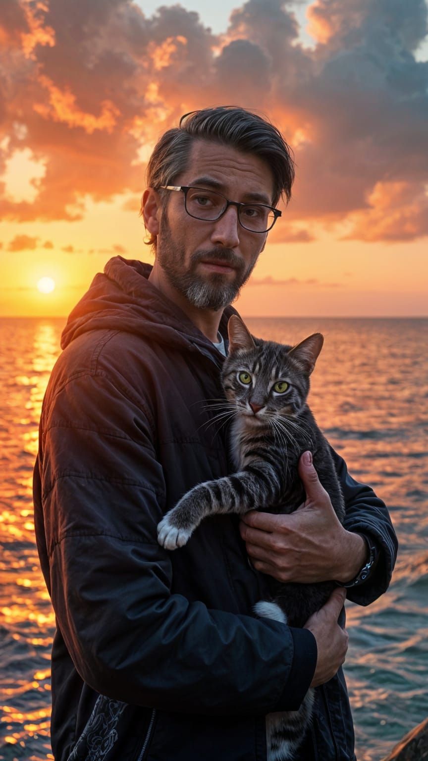 Man with Cat at Sunset: Detailed Digital Portrait