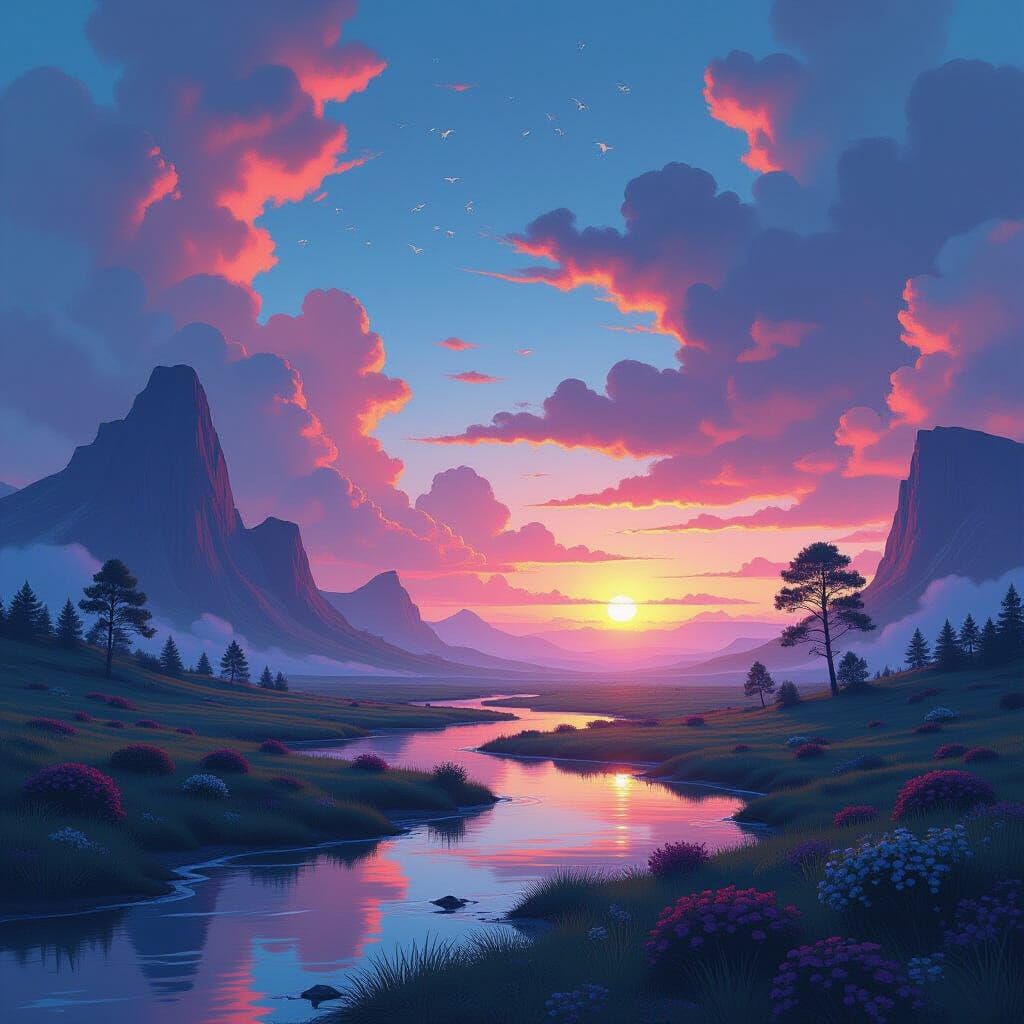 Dreamlike Landscape with Vibrant Colors and Surrealism