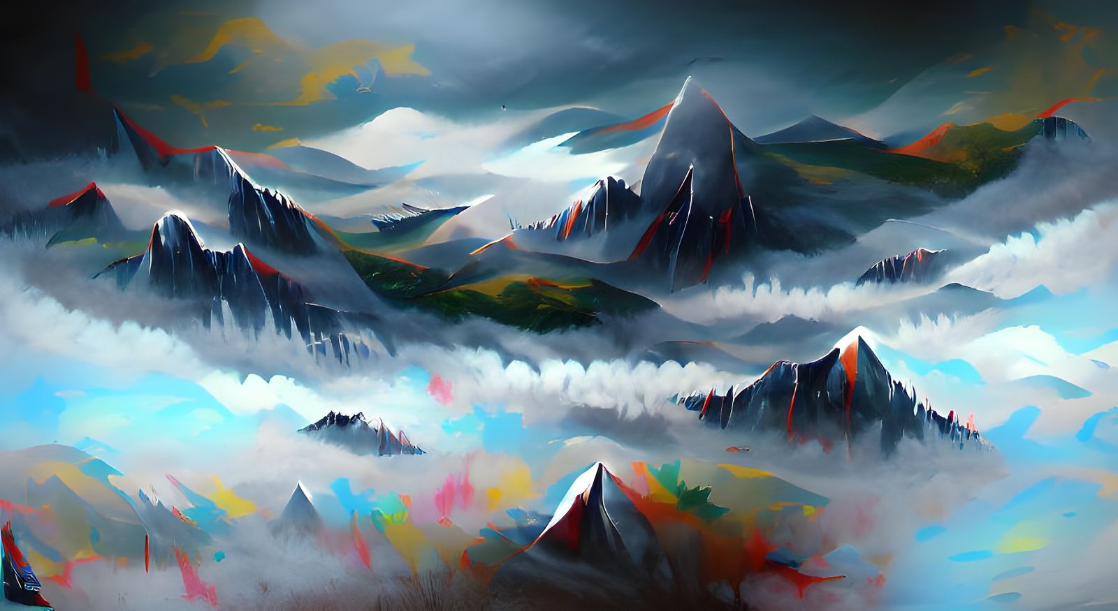 Detailed Vaporwave Painting of Misty Mountains