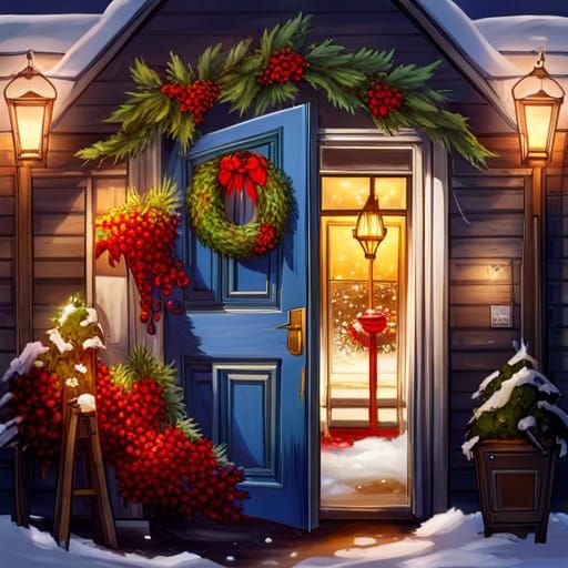 Blue Christmas Door with Anime-Style Holly Wreath