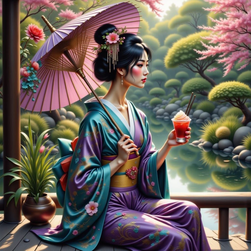 Geisha in Ornate Kimono Overlooking Zen Garden